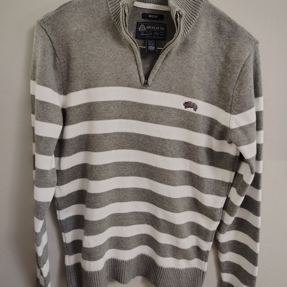 American Rag Men's Gray and White Striped Zip-Up Sweater